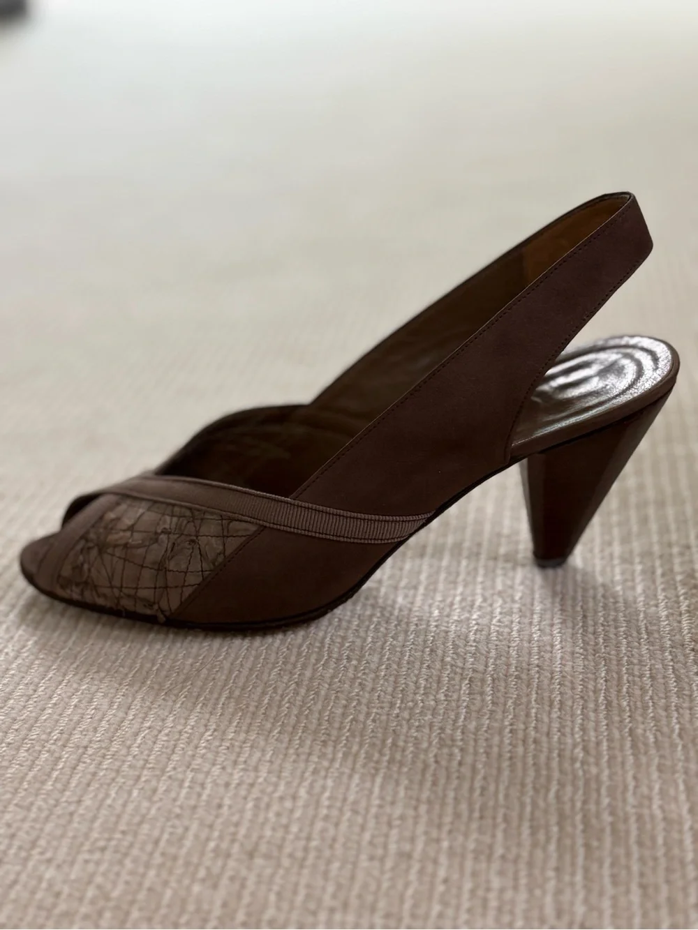 Farrutx Taupe Brown Slingback Peep-Toe Textured Heels